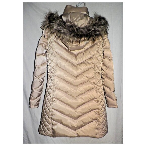 Women's M Reaction Kenneth Cole GIII Down Puffer Coat Satin Champagne Fur Hood - Picture 13 of 14